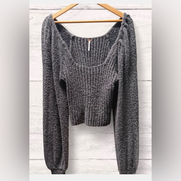Dark Grey Free People Katie Mix Stitch Square Neck Sweater, size L. - Picture 2 of 5